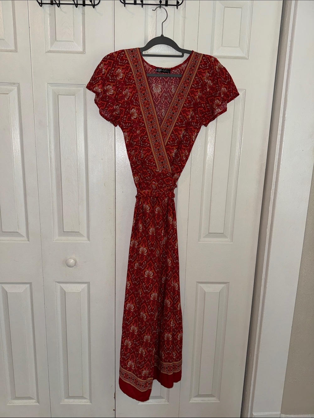 Pretty Garden Bohemian Red Floral V-Neck Maxi Dress with Tie Waist
